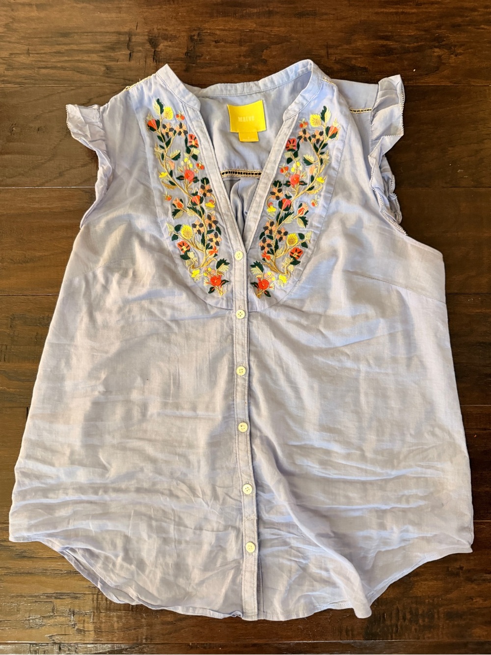 Maeve Light Blue Sleeveless Button-Front Top with Floral Embroidery